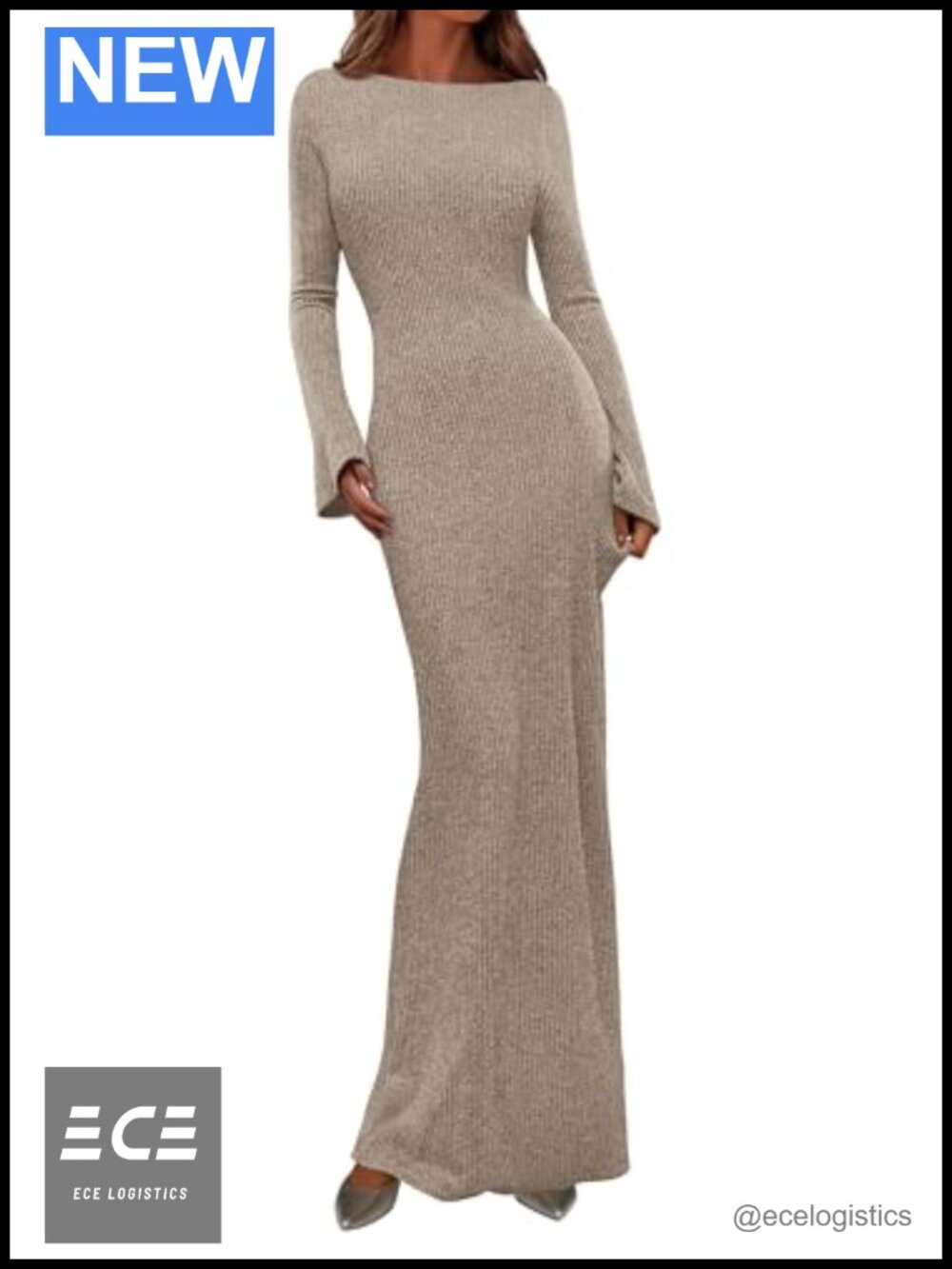 Women's Long Sleeve Bodycon Maxi Dress Ribbed Knit Boat Neck